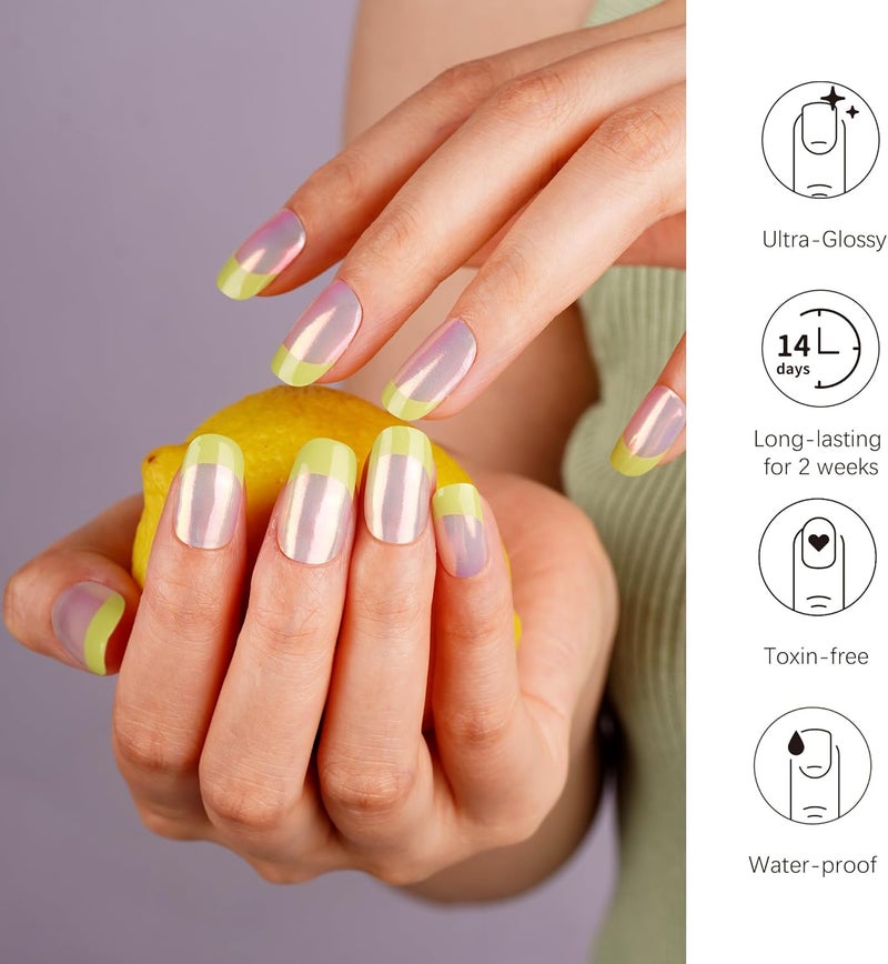 DANNI & TONI Semi Cured Gel Nail Strips Neon Green French Tips Aurora Gel Nail Wraps Mirror Nails 28 Stickers | Neon Petal - Image 5